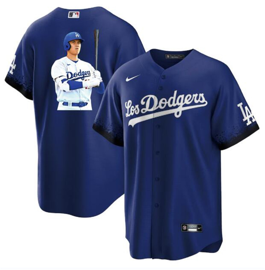 Men's Blue Los Angeles Dodgers #17 Shohei Ohtani Big Logo City Connect Cool Base Stitched Jersey